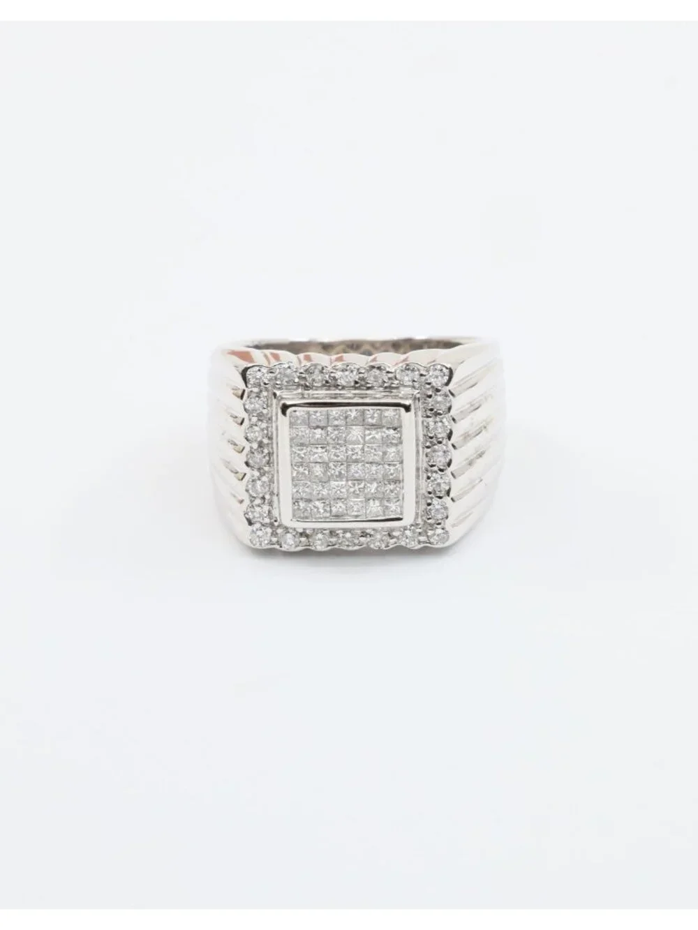 14K Solid White Gold Princess Cut Diamond Cluster Halo Men's Ring - Size 9.25